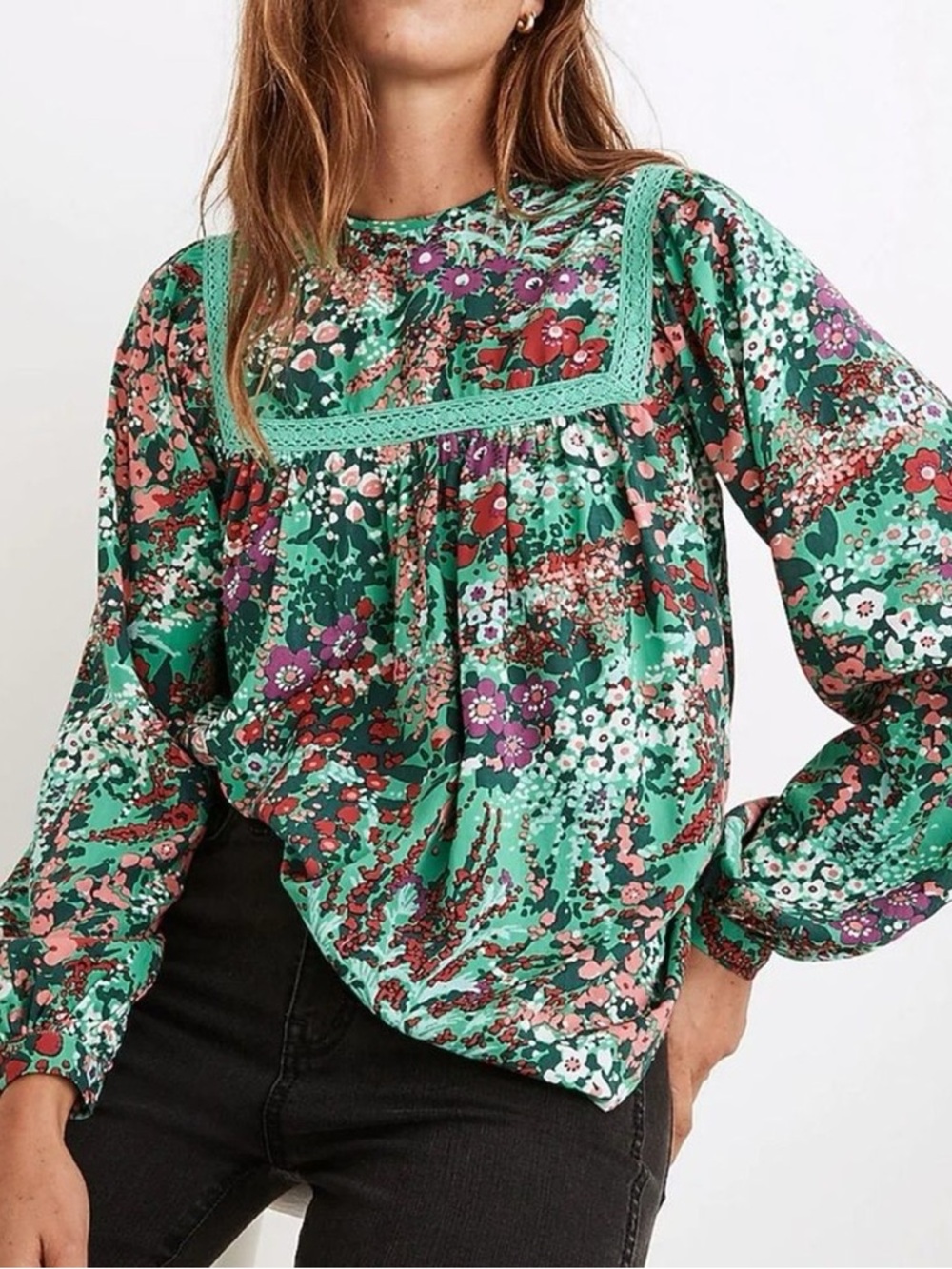 Banjanan Cassandra Green Multicolor Floral Long-Sleeve Blouse M